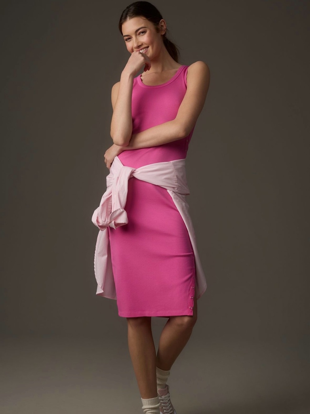 Sundry Sleeveless Pink Bodycon Knit Snap Midi Dress NWT
